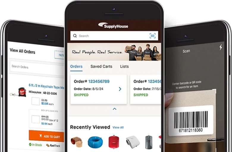 The SupplyHouse app on three phones