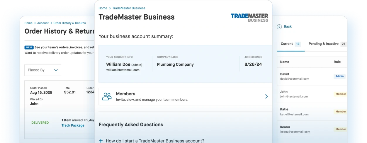 TradeMaster Business account screens